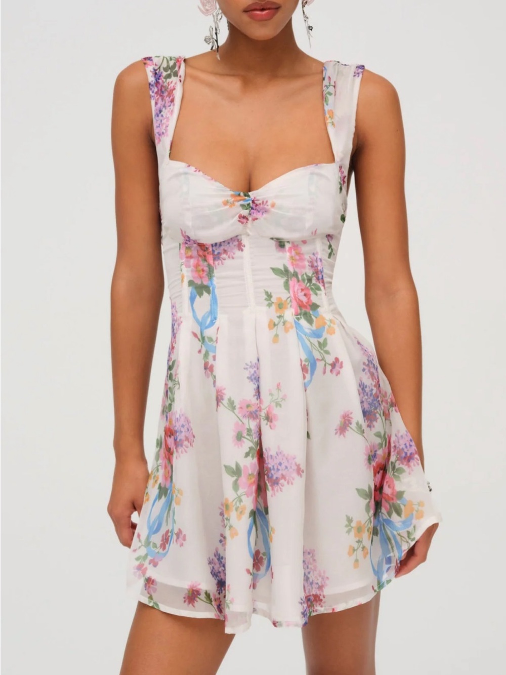 For Love & Lemons Printed Sweetheart Bust Mini Dress - White & Pastel Floral